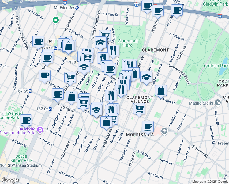map of restaurants, bars, coffee shops, grocery stores, and more near 1365 Teller Avenue in Bronx