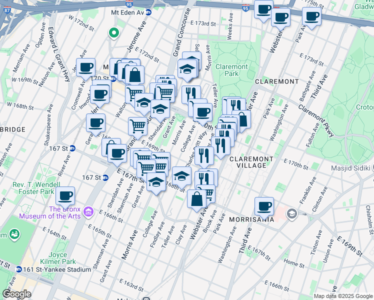 map of restaurants, bars, coffee shops, grocery stores, and more near 1340 College Avenue in Bronx