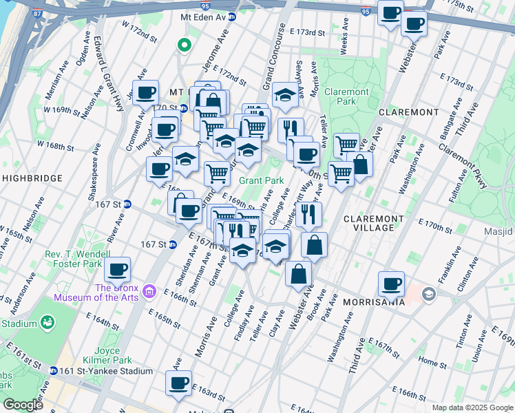 map of restaurants, bars, coffee shops, grocery stores, and more near 1315 Morris Avenue in Bronx
