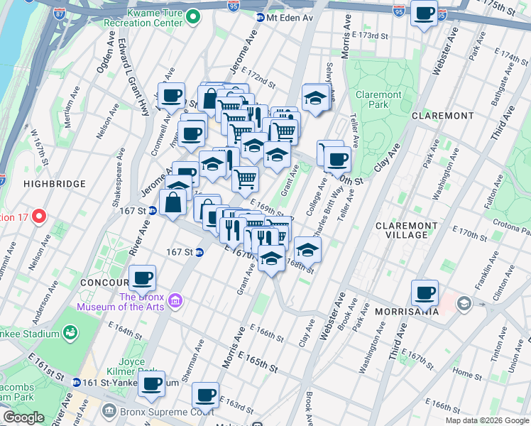 map of restaurants, bars, coffee shops, grocery stores, and more near 233 East 169th Street in Bronx
