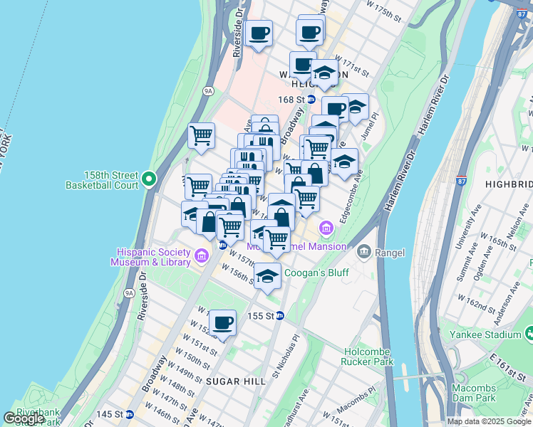 map of restaurants, bars, coffee shops, grocery stores, and more near 572 West 161st Street in New York