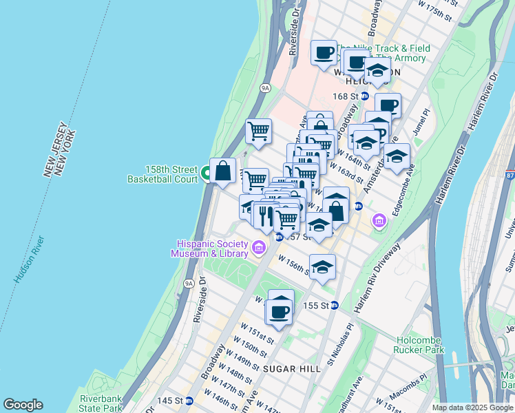 map of restaurants, bars, coffee shops, grocery stores, and more near 834 Riverside Drive in New York