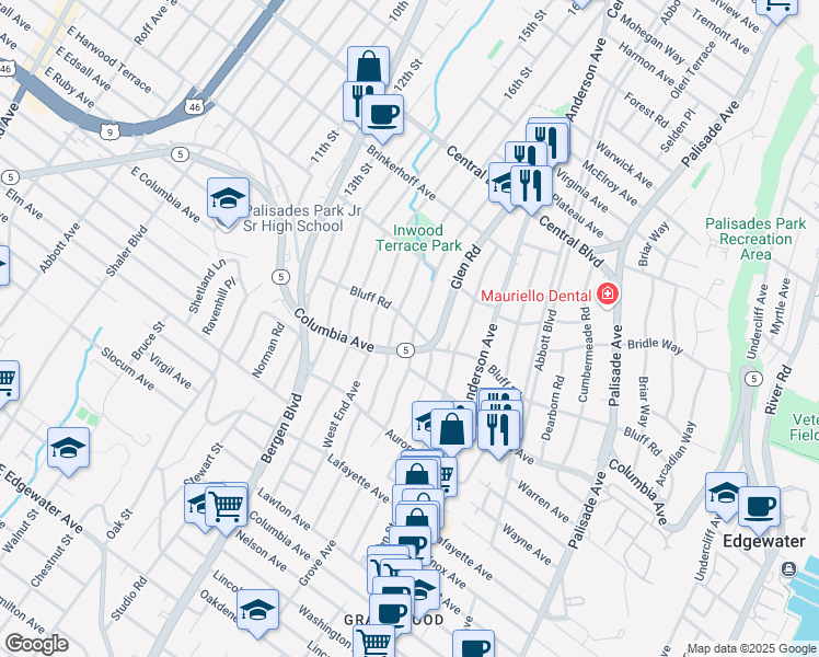 map of restaurants, bars, coffee shops, grocery stores, and more near 1034 Harvard Place in Fort Lee