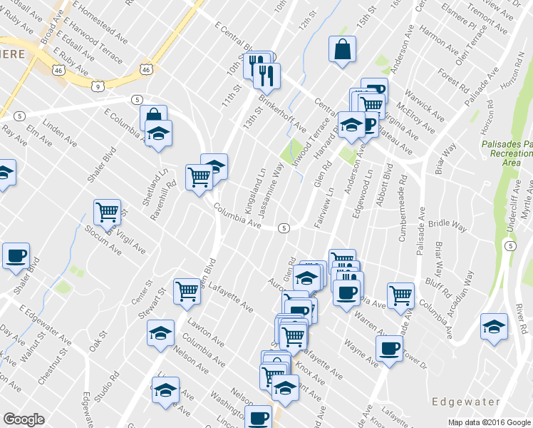 map of restaurants, bars, coffee shops, grocery stores, and more near 1028 Jassamine Way in Fort Lee
