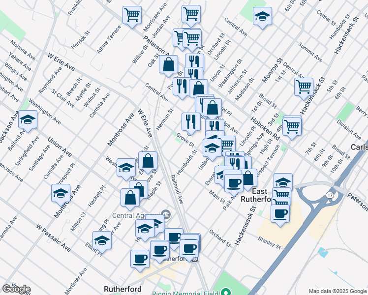 map of restaurants, bars, coffee shops, grocery stores, and more near 322 Grove Street in East Rutherford