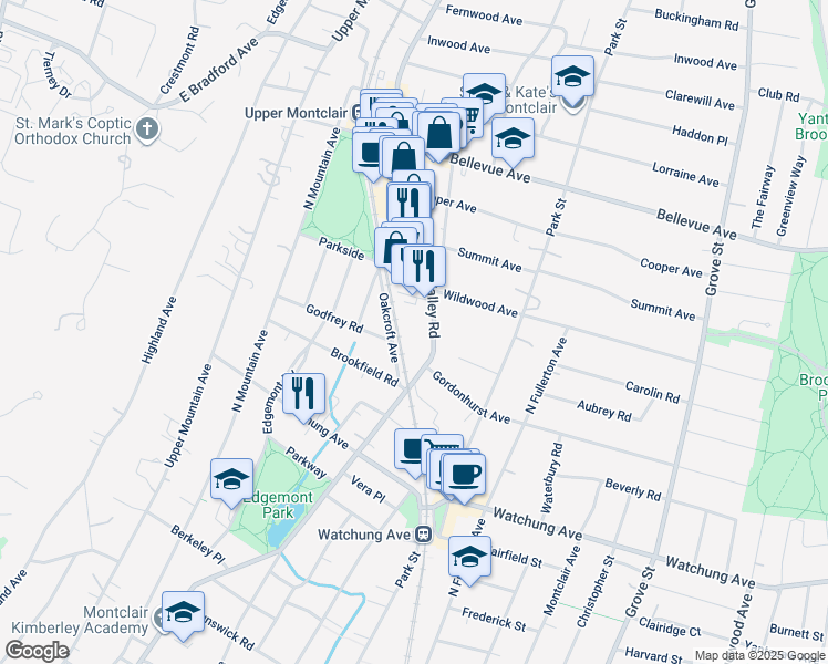 map of restaurants, bars, coffee shops, grocery stores, and more near 480 Valley Road in Montclair