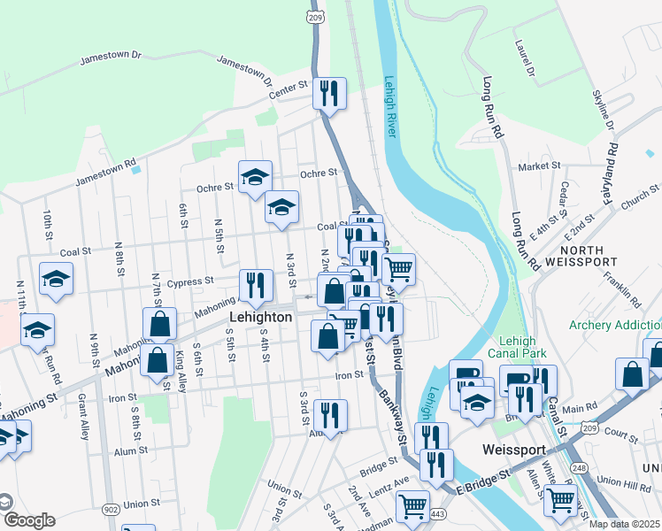 map of restaurants, bars, coffee shops, grocery stores, and more near 228 North 2nd Street in Lehighton