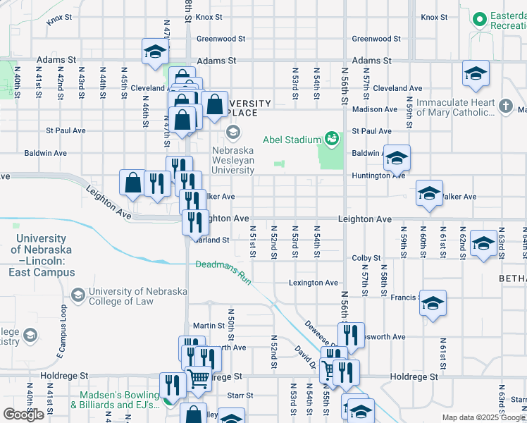 map of restaurants, bars, coffee shops, grocery stores, and more near 5103 Walker Avenue in Lincoln