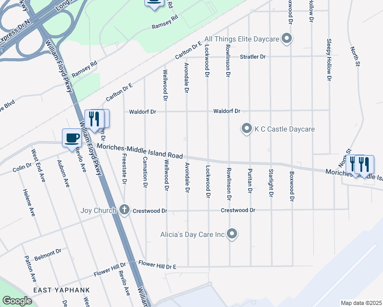 map of restaurants, bars, coffee shops, grocery stores, and more near 434 Avondale Drive in Shirley
