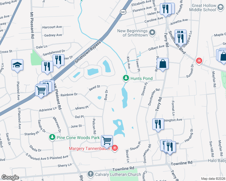 map of restaurants, bars, coffee shops, grocery stores, and more near 236 Bow Drive in Smithtown