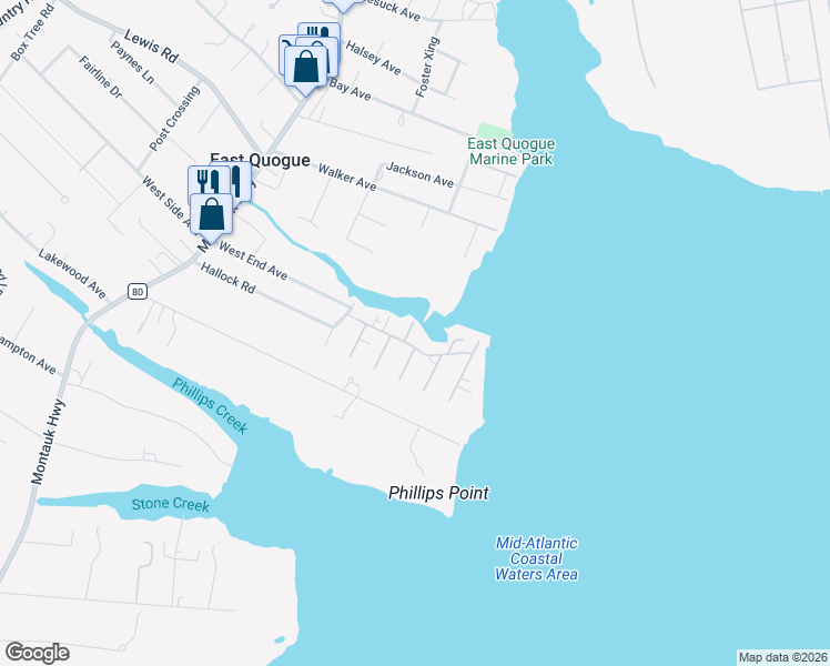 map of restaurants, bars, coffee shops, grocery stores, and more near 53 West End Avenue in East Quogue