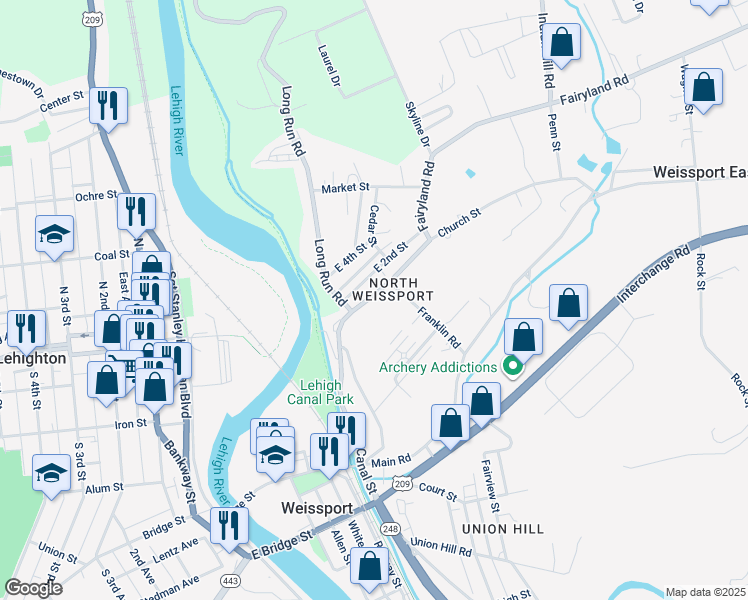 map of restaurants, bars, coffee shops, grocery stores, and more near 55 Fairyland Road in Lehighton