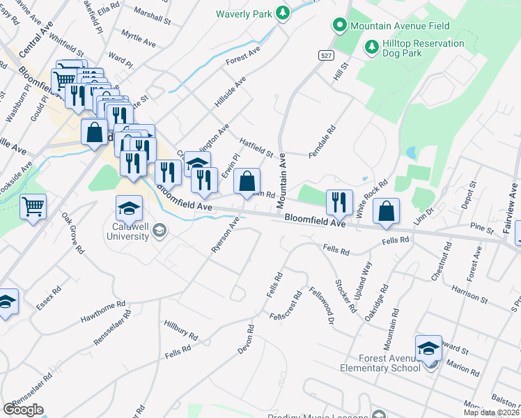 map of restaurants, bars, coffee shops, grocery stores, and more near 69 Bloomfield Avenue in Caldwell