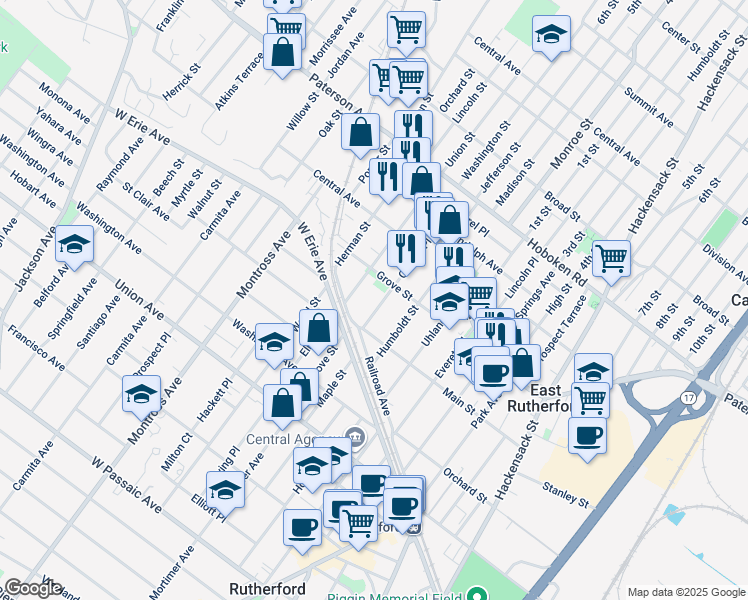 map of restaurants, bars, coffee shops, grocery stores, and more near 122 Mozart Street in East Rutherford