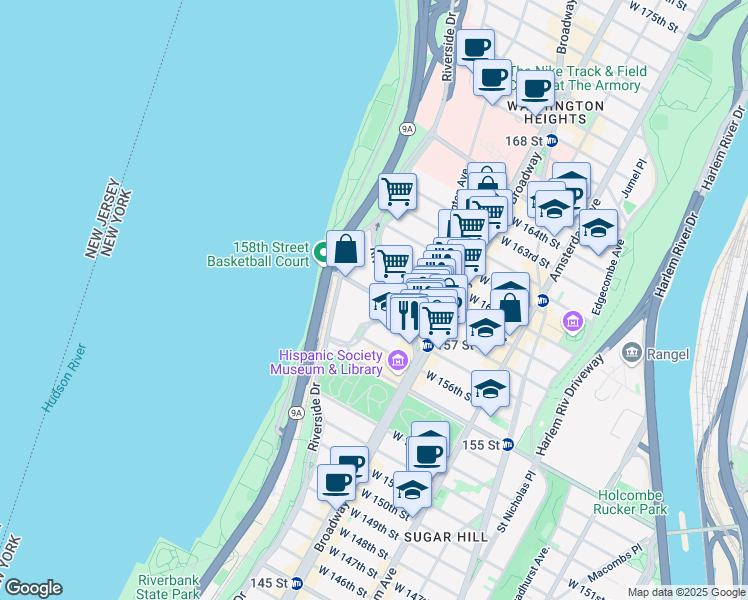 map of restaurants, bars, coffee shops, grocery stores, and more near 839 Riverside Drive in New York