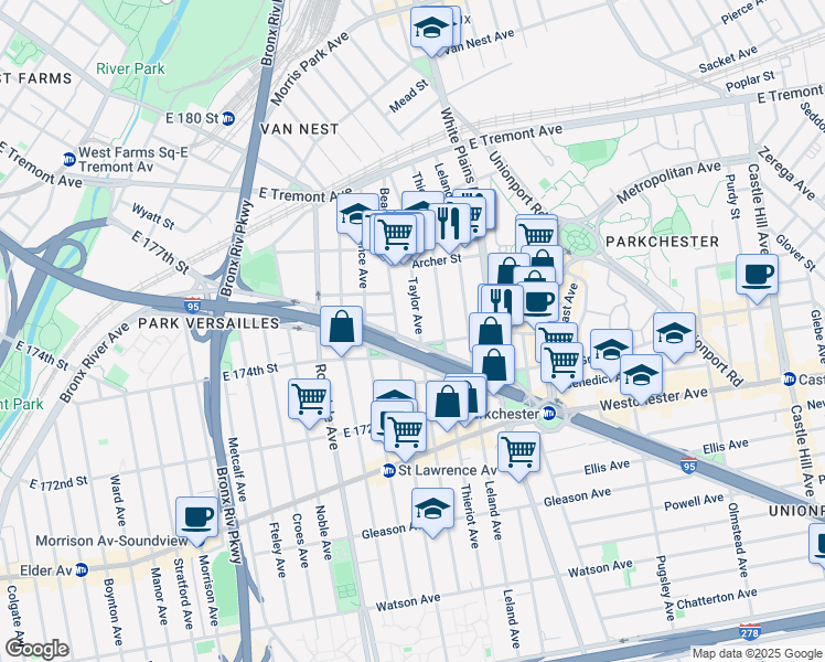 map of restaurants, bars, coffee shops, grocery stores, and more near 1422 Taylor Avenue in Bronx