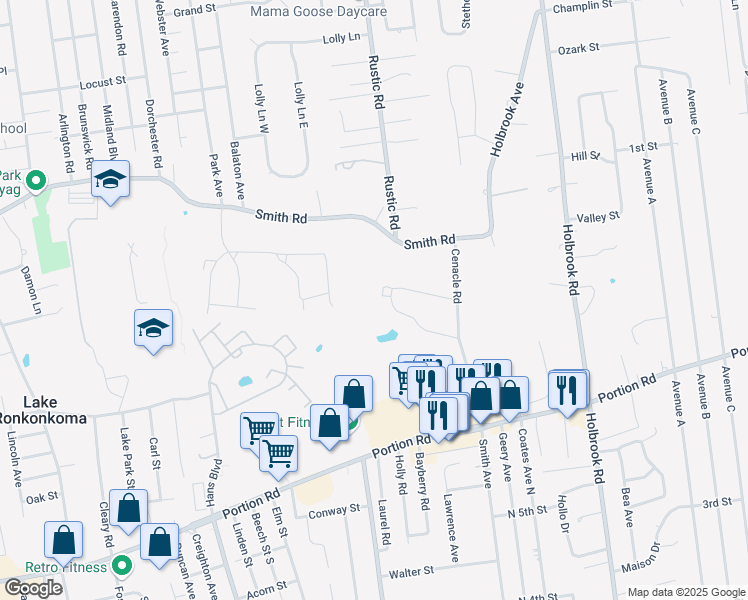 map of restaurants, bars, coffee shops, grocery stores, and more near 310 Cenacle Road in Ronkonkoma