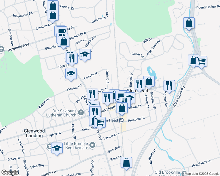 map of restaurants, bars, coffee shops, grocery stores, and more near 27 Todd Drive East in Glen Head