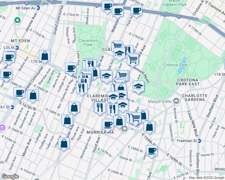 map of restaurants, bars, coffee shops, grocery stores, and more near 1420 Washington Avenue in Bronx