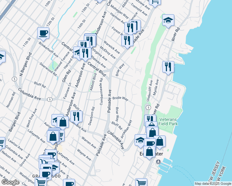 map of restaurants, bars, coffee shops, grocery stores, and more near 1154 Briar Way in Fort Lee