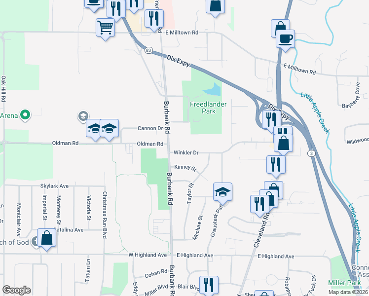 map of restaurants, bars, coffee shops, grocery stores, and more near 306 Winkler Drive in Wooster