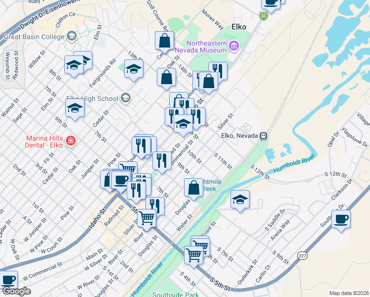 map of restaurants, bars, coffee shops, grocery stores, and more near 10th Street in Elko