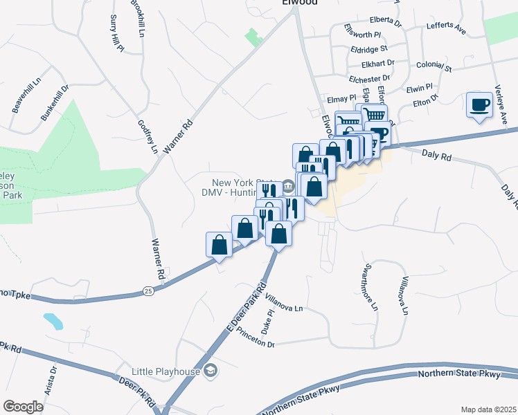 map of restaurants, bars, coffee shops, grocery stores, and more near 6 Barre Place in Huntington
