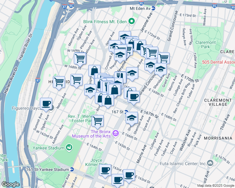 map of restaurants, bars, coffee shops, grocery stores, and more near 1220 Gerard Avenue in Bronx