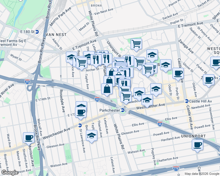map of restaurants, bars, coffee shops, grocery stores, and more near 1410 White Plains Road in The Bronx