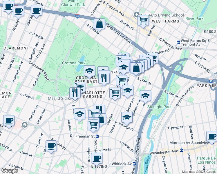 map of restaurants, bars, coffee shops, grocery stores, and more near 1624 Boston Road in Bronx