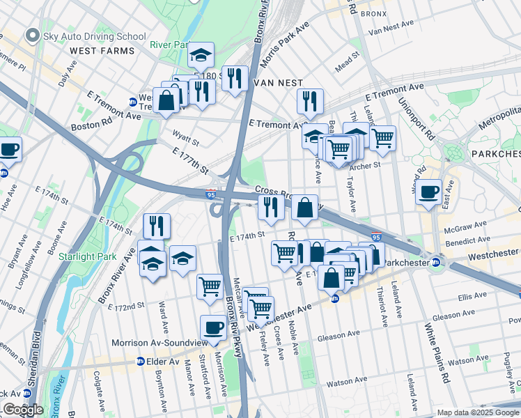 map of restaurants, bars, coffee shops, grocery stores, and more near 1434 Cross Bronx Expressway in Bronx