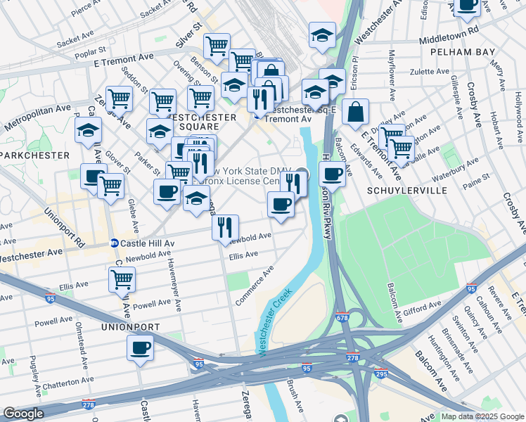 map of restaurants, bars, coffee shops, grocery stores, and more near 1315 Seabury Avenue in The Bronx