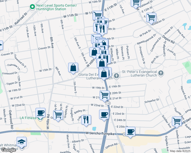 map of restaurants, bars, coffee shops, grocery stores, and more near 19 West 18th Street in Huntington Station