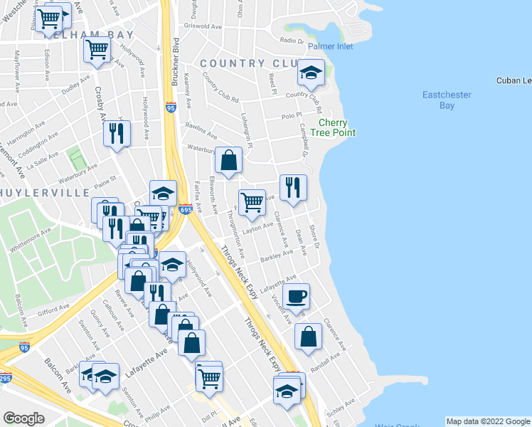 map of restaurants, bars, coffee shops, grocery stores, and more near 1125 Clarence Avenue in Bronx