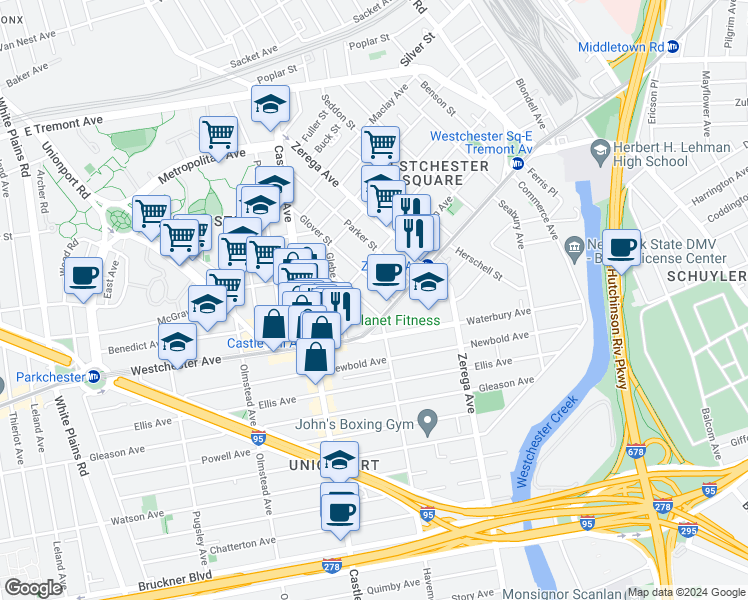 map of restaurants, bars, coffee shops, grocery stores, and more near 1436 Doris Street in Bronx