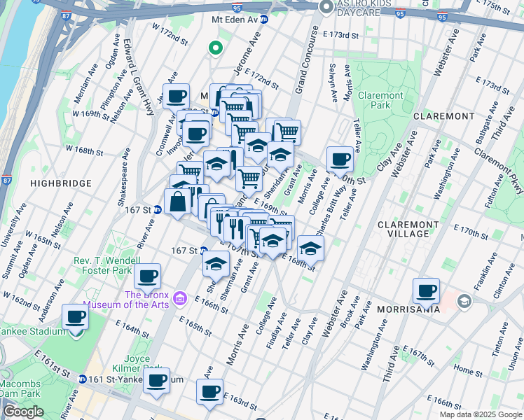 map of restaurants, bars, coffee shops, grocery stores, and more near 1278 Grand Concourse in Bronx
