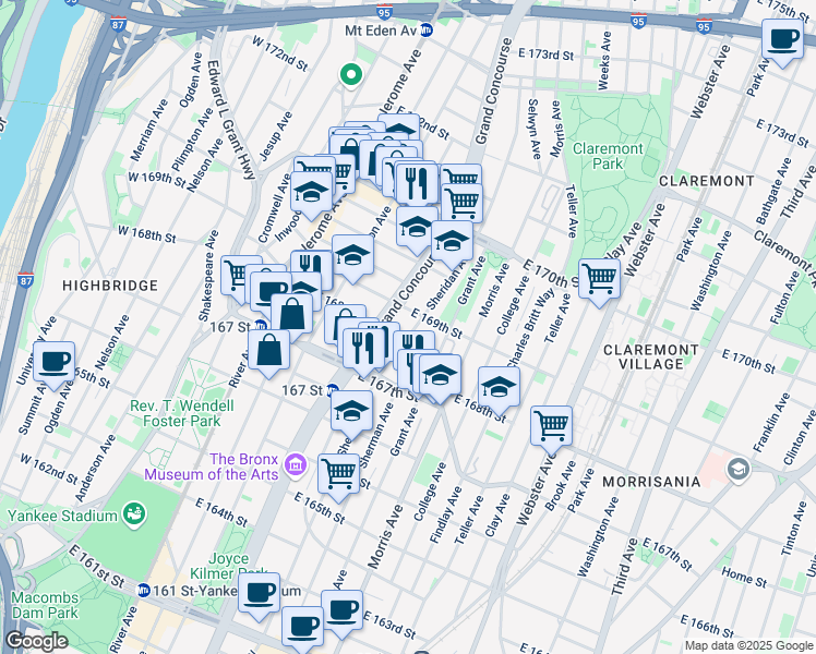 map of restaurants, bars, coffee shops, grocery stores, and more near in The Bronx