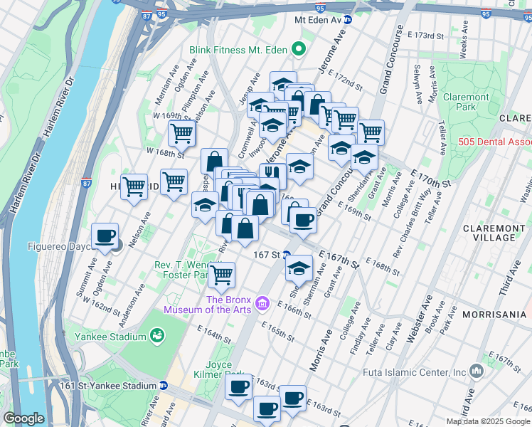 map of restaurants, bars, coffee shops, grocery stores, and more near 57e East 167th Street in The Bronx