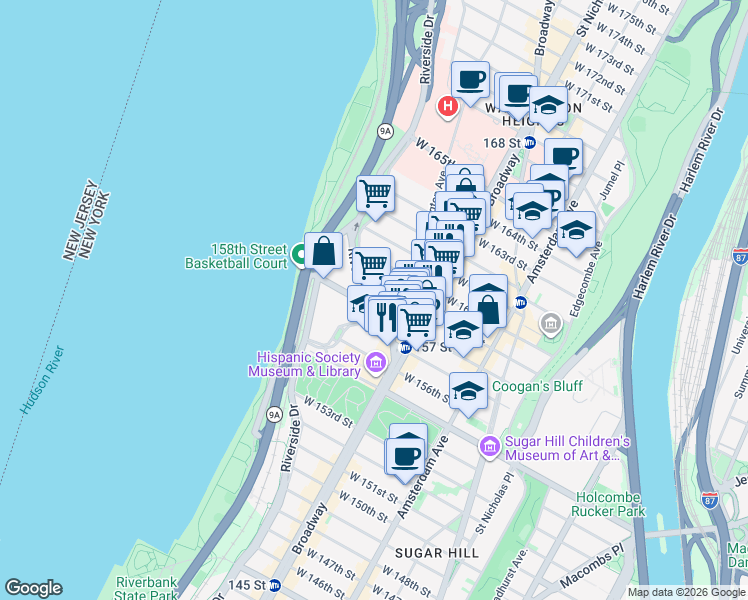 map of restaurants, bars, coffee shops, grocery stores, and more near 834 Riverside Drive in New York