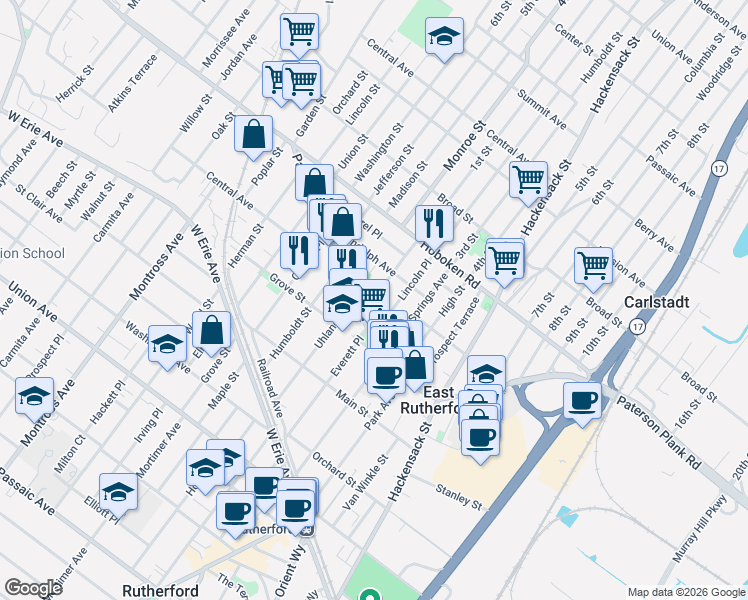 map of restaurants, bars, coffee shops, grocery stores, and more near 74 Uhland Street in East Rutherford