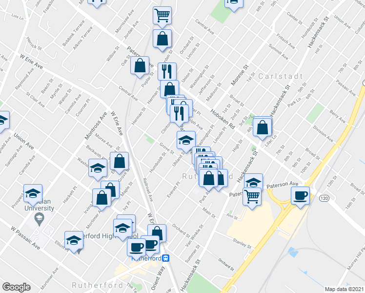 map of restaurants, bars, coffee shops, grocery stores, and more near 88 Humboldt Street in East Rutherford