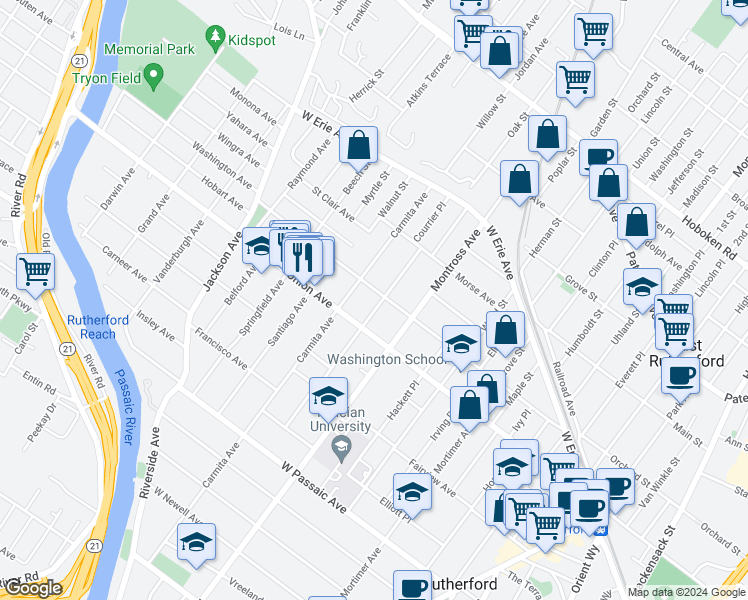map of restaurants, bars, coffee shops, grocery stores, and more near 205 Washington Avenue in Rutherford