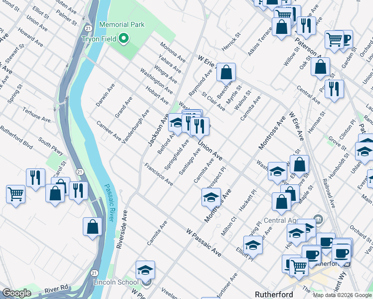 map of restaurants, bars, coffee shops, grocery stores, and more near 152 Springfield Avenue in Rutherford