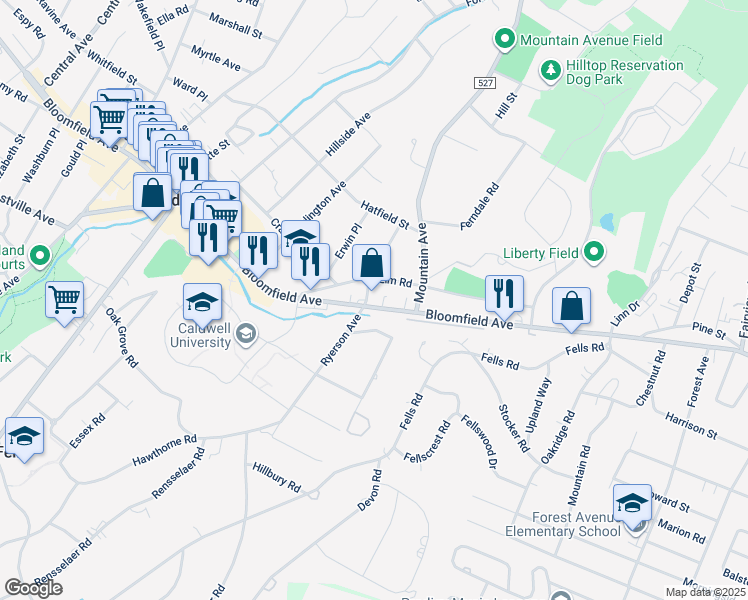 map of restaurants, bars, coffee shops, grocery stores, and more near 72 Elm Road in Caldwell