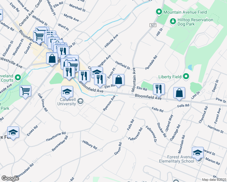 map of restaurants, bars, coffee shops, grocery stores, and more near 84 Elm Road in Caldwell