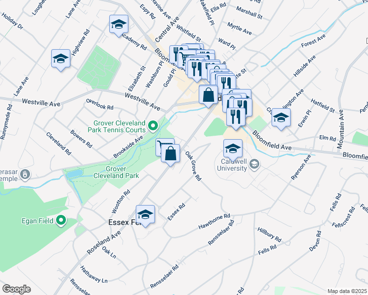 map of restaurants, bars, coffee shops, grocery stores, and more near 105 Roseland Avenue in Caldwell