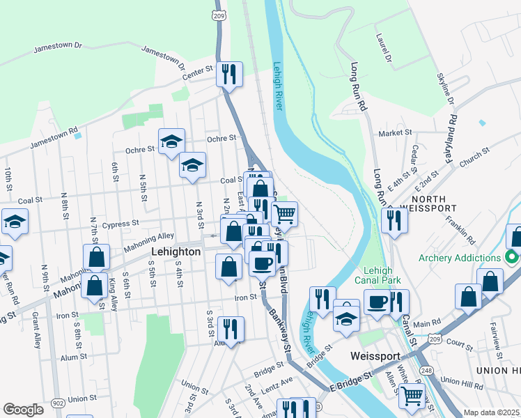 map of restaurants, bars, coffee shops, grocery stores, and more near 314 Sergeant Stanley Hoffman Boulevard in Lehighton