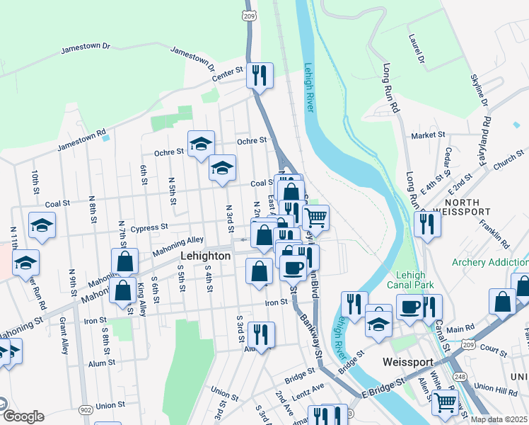 map of restaurants, bars, coffee shops, grocery stores, and more near 228 North 1st Street in Lehighton