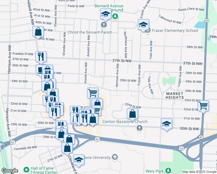 map of restaurants, bars, coffee shops, grocery stores, and more near 3420 Westview Avenue Northwest in Canton
