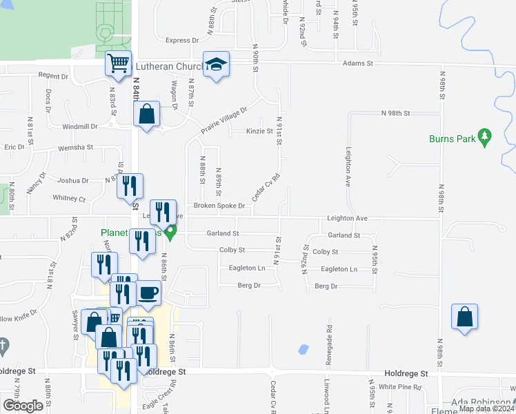 map of restaurants, bars, coffee shops, grocery stores, and more near 8976 Broken Spoke Drive in Lincoln